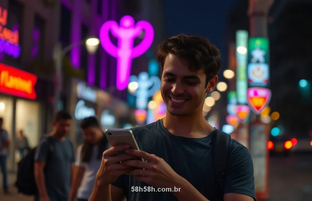 Jovem brasileiro na rua à noite com luzes roxas e magenta olhando o celular