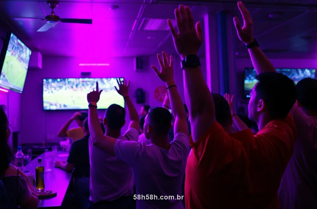 Torcedores brasileiros comemorando um jogo num bar à noite sob luz roxa