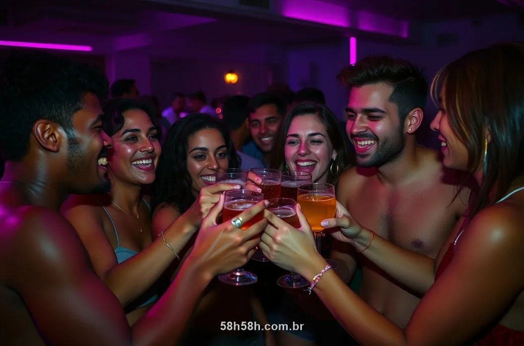 Amigos brasileiros comemorando juntos numa festa à noite com luz roxa