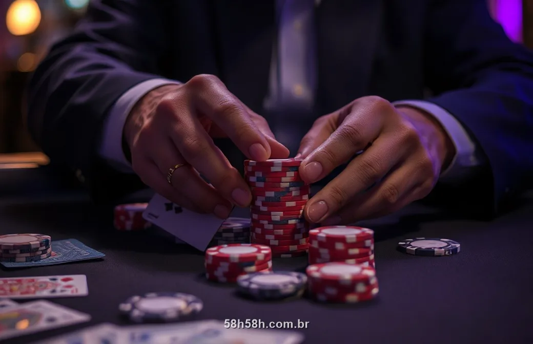Mãos empilhando fichas e cartas sobre uma mesa de cassino sob luz roxa