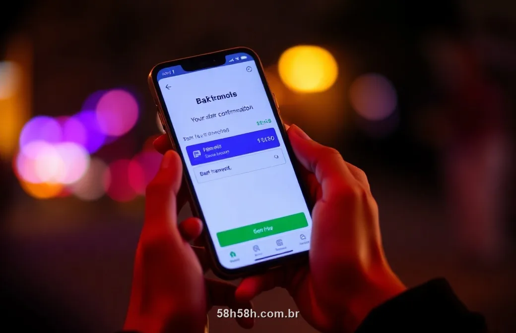 Pessoa confirmando um pagamento por PIX no celular à noite