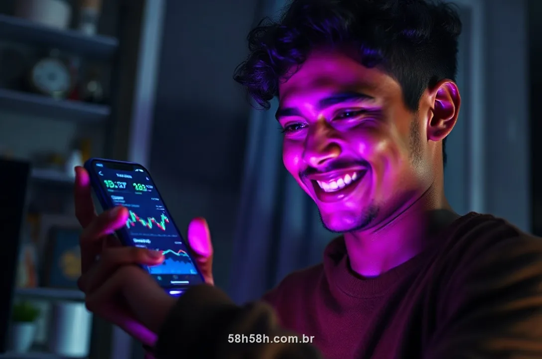Pessoa conferindo dados e gráficos no celular à noite com luz roxa
