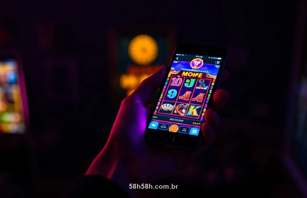 Mão segurando o celular com um caça-níquel colorido sob luz roxa à noite